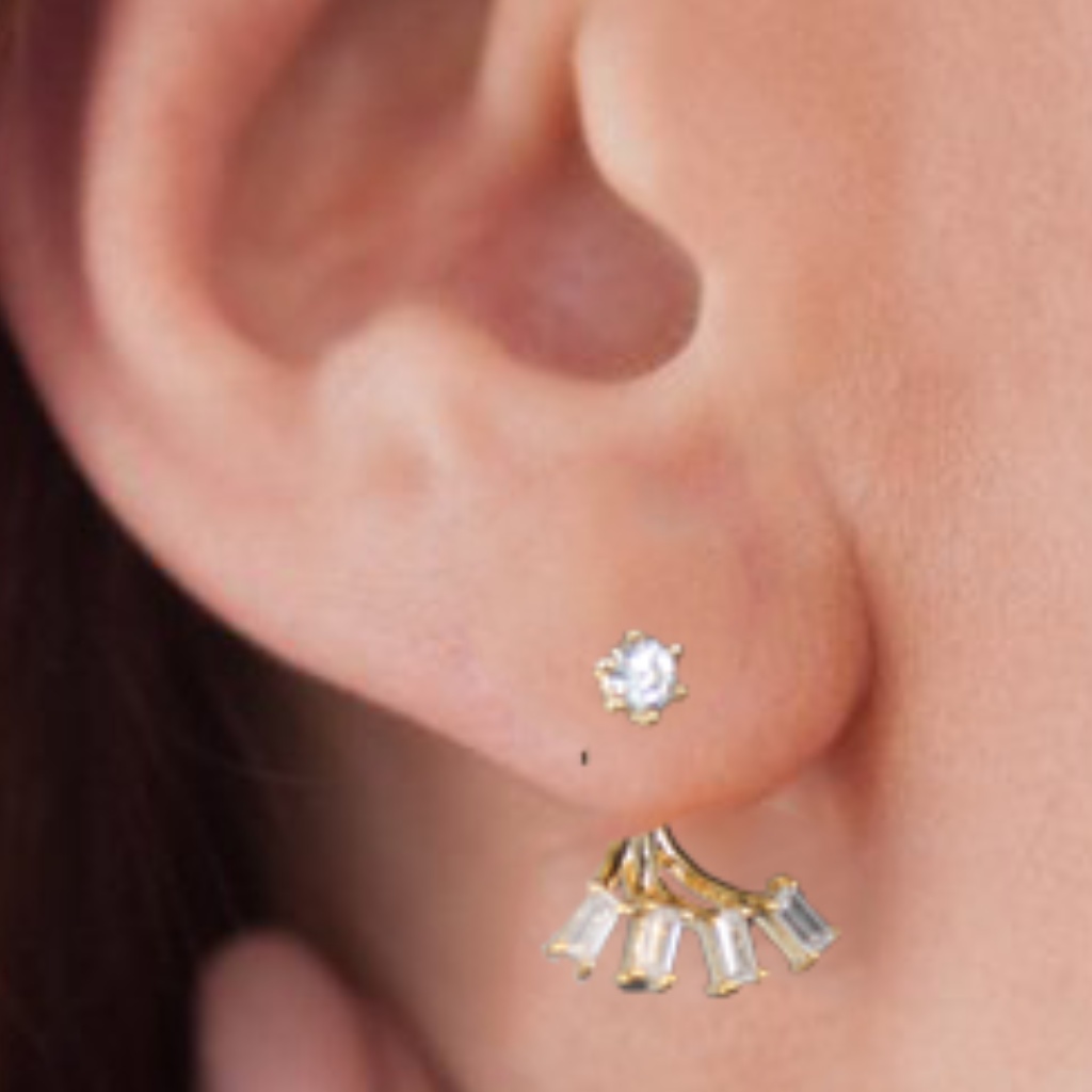 New 14k Gold Dipped & Cz 2 In 1 Fan Style Earrings
